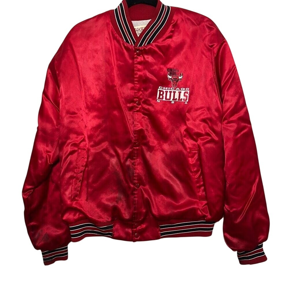 Vintage Locker Line Mens Red 90's Chicago Bulls Satin Bomber Jacket Size XL
